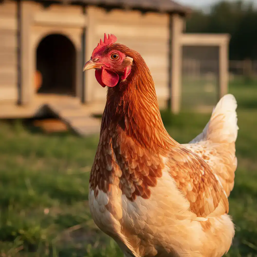 Golden Comet chicken showing distinctive red and white feathers