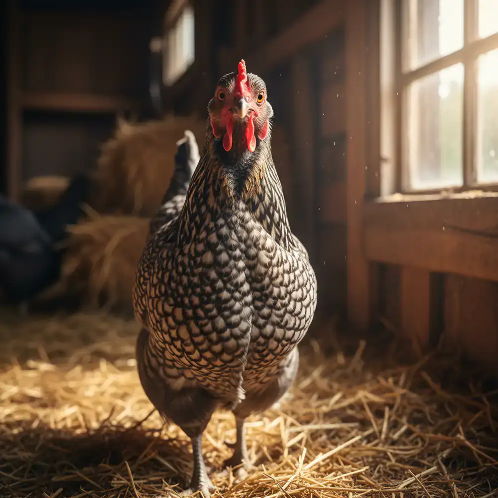 Cuckoo Marans chicken looking at the camera