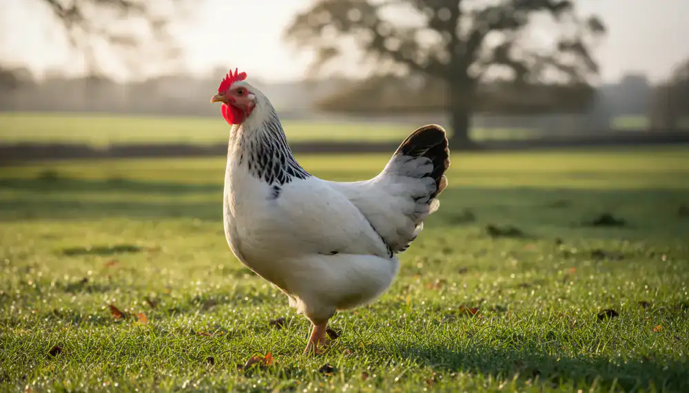 Heritage Sussex chicken standing on grass