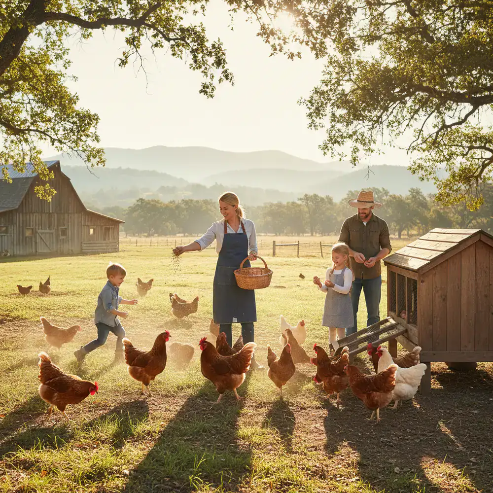 Family members tending to chickens in the morning light