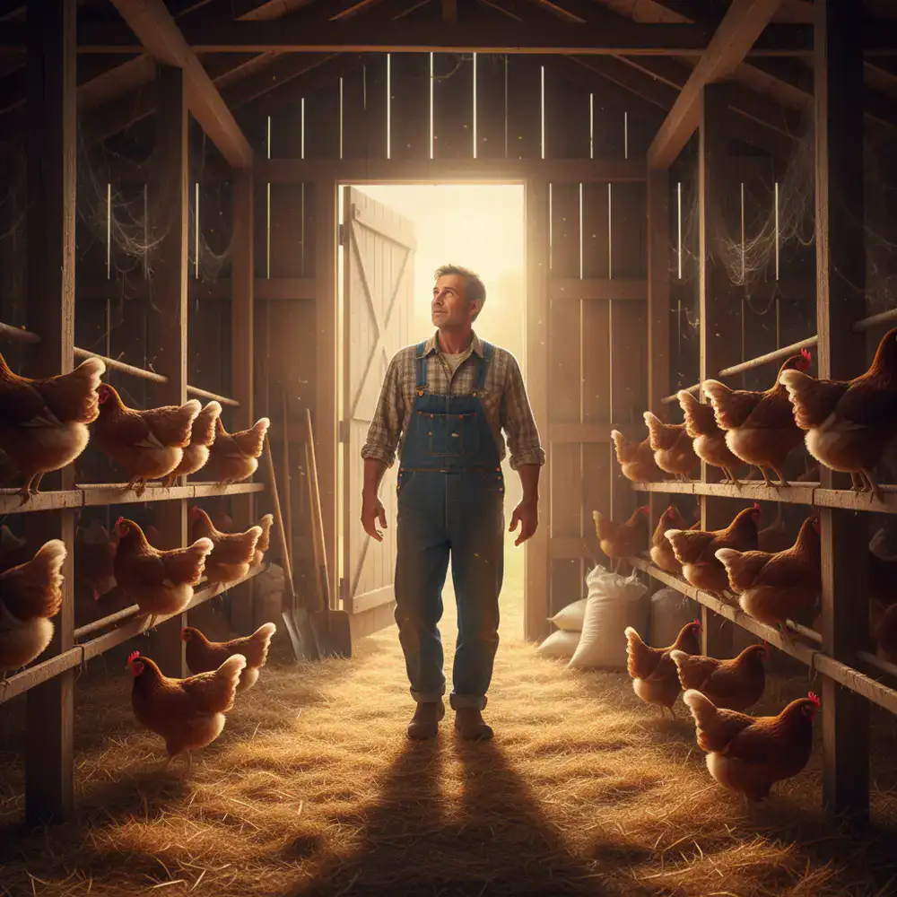 Farmer walking through a sunlit barn checking on roosting hens