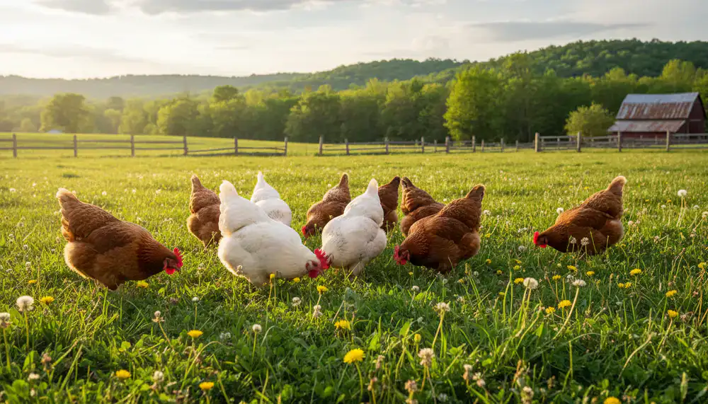 Healthy hens foraging freely in a bright pasture