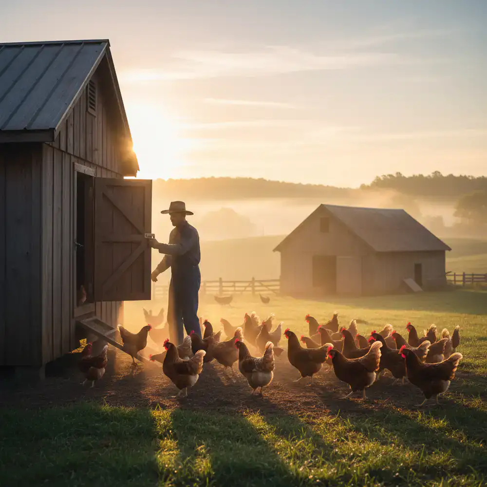 Opening the coops at dawn for the flock