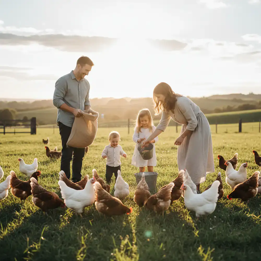 Family feeding chickens together in a grassy pasture