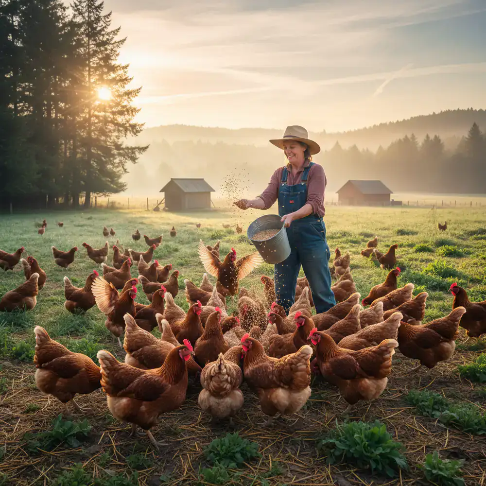Farmer feeding a group of happy chickens early in the morning
