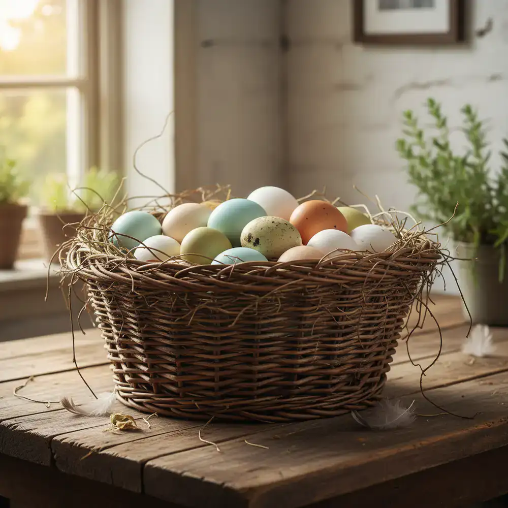 A rustic woven basket filled with fresh, multi-coloured farm eggs