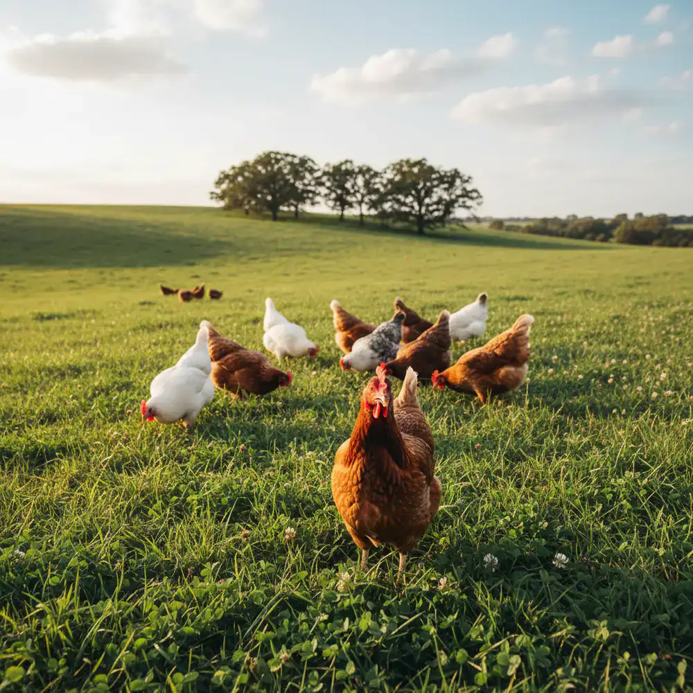 Hens foraging naturally in an open green pasture