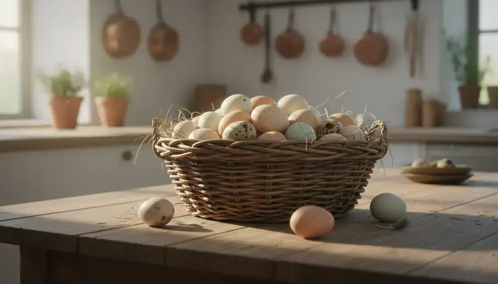 A rustic basket filled with freshly gathered eggs resting on a wooden farm table