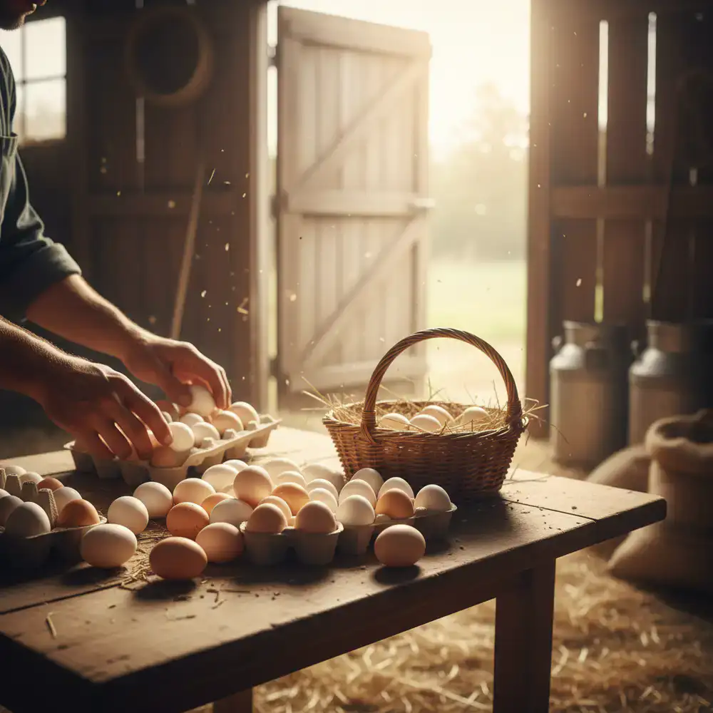 Freshly gathered eggs being sorted in the farm shed